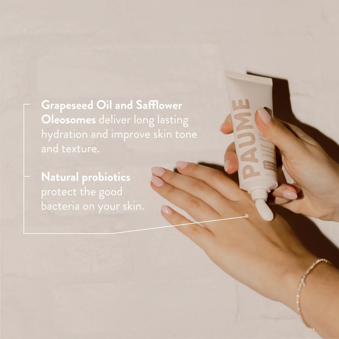 Person applying PAUME skincare product to their hand with text about ingredients on a beige background
