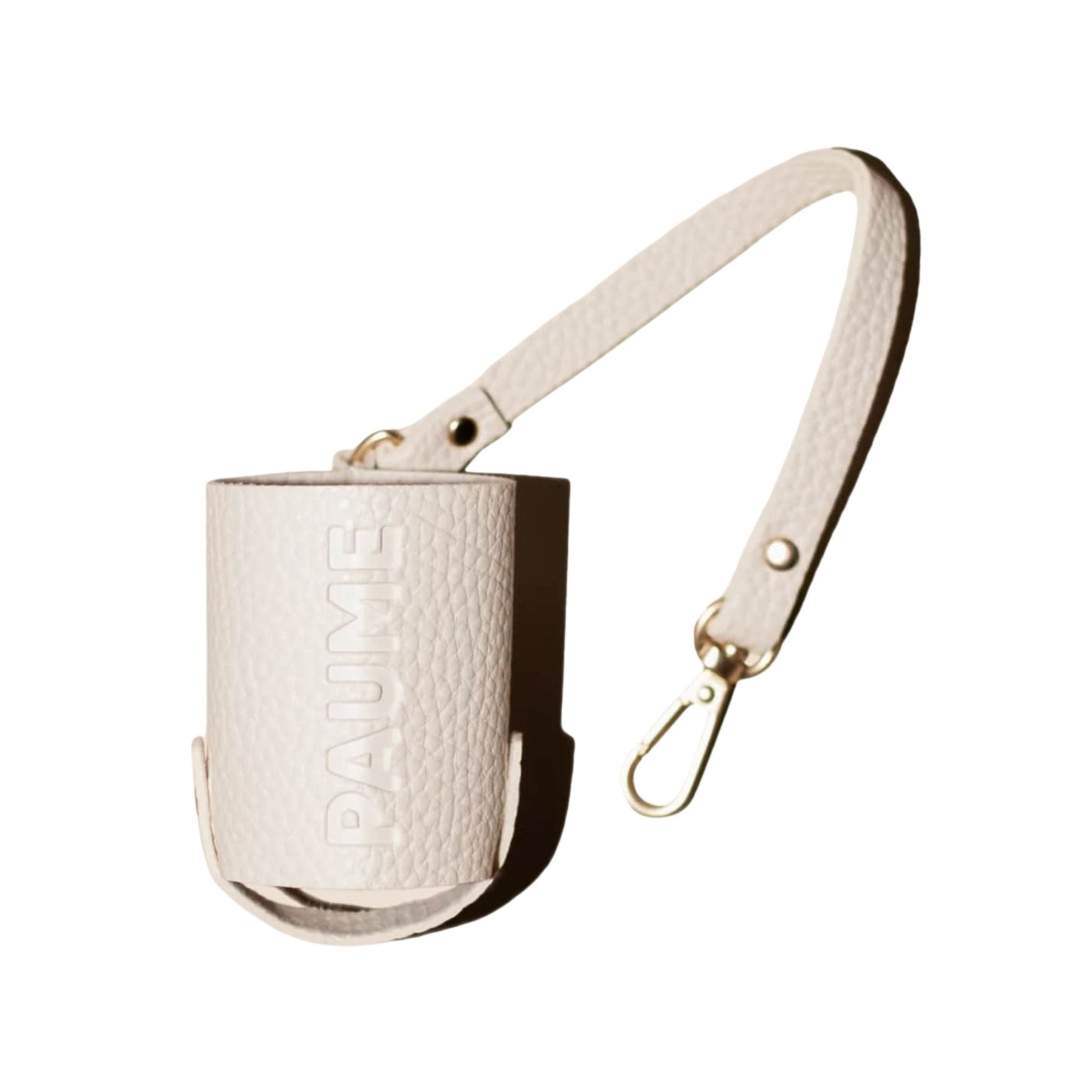 Beige leather pouch with strap and 'PAUME' branding on a white background