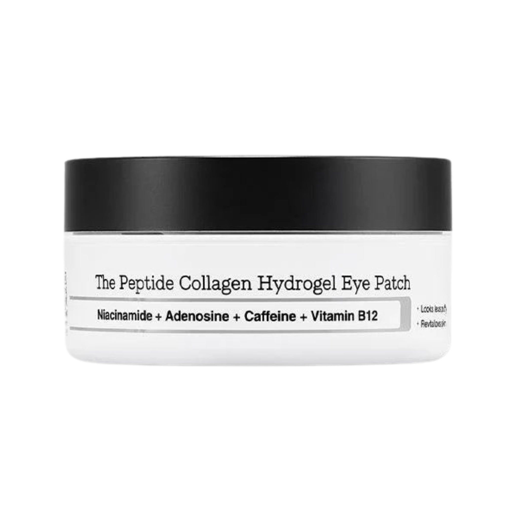 The Pharmacy Lab Peptide Collagen Eye Patches – product jar on a white background showing Niacinamide, Caffeine, and Vitamin B12 formulation.
