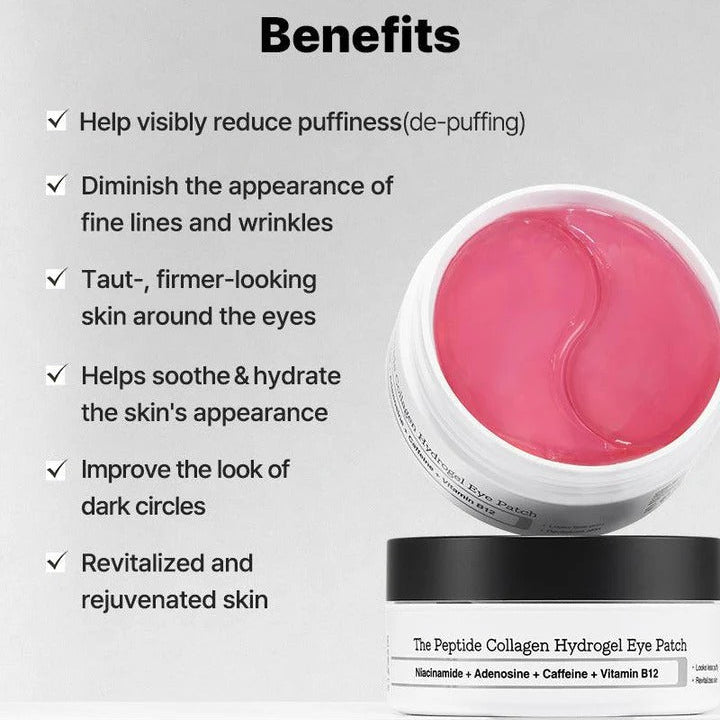 Peptide Collagen Eye Patches benefits infographic showing de-puffing, hydration, and smoother, firmer-looking skin – The Pharmacy Lab.