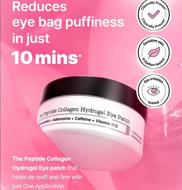 Peptide Collagen Eye Patches product visual highlighting 10-minute de-puffing results and clinically proven hydration – The Pharmacy Lab.