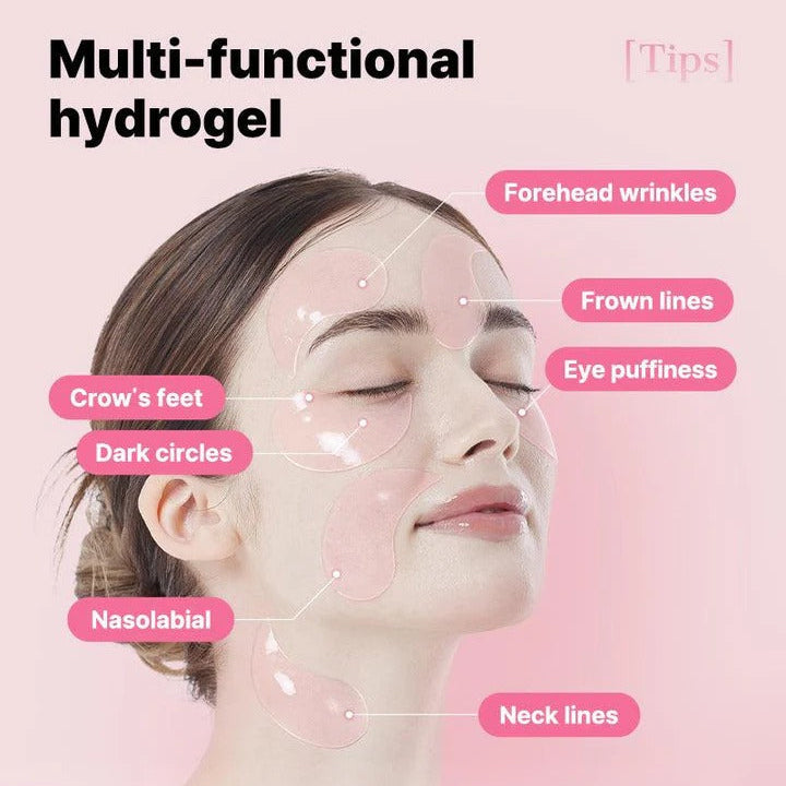 Model applying The Pharmacy Lab Peptide Collagen Eye Patches to face areas targeting puffiness, wrinkles, and dark circles.