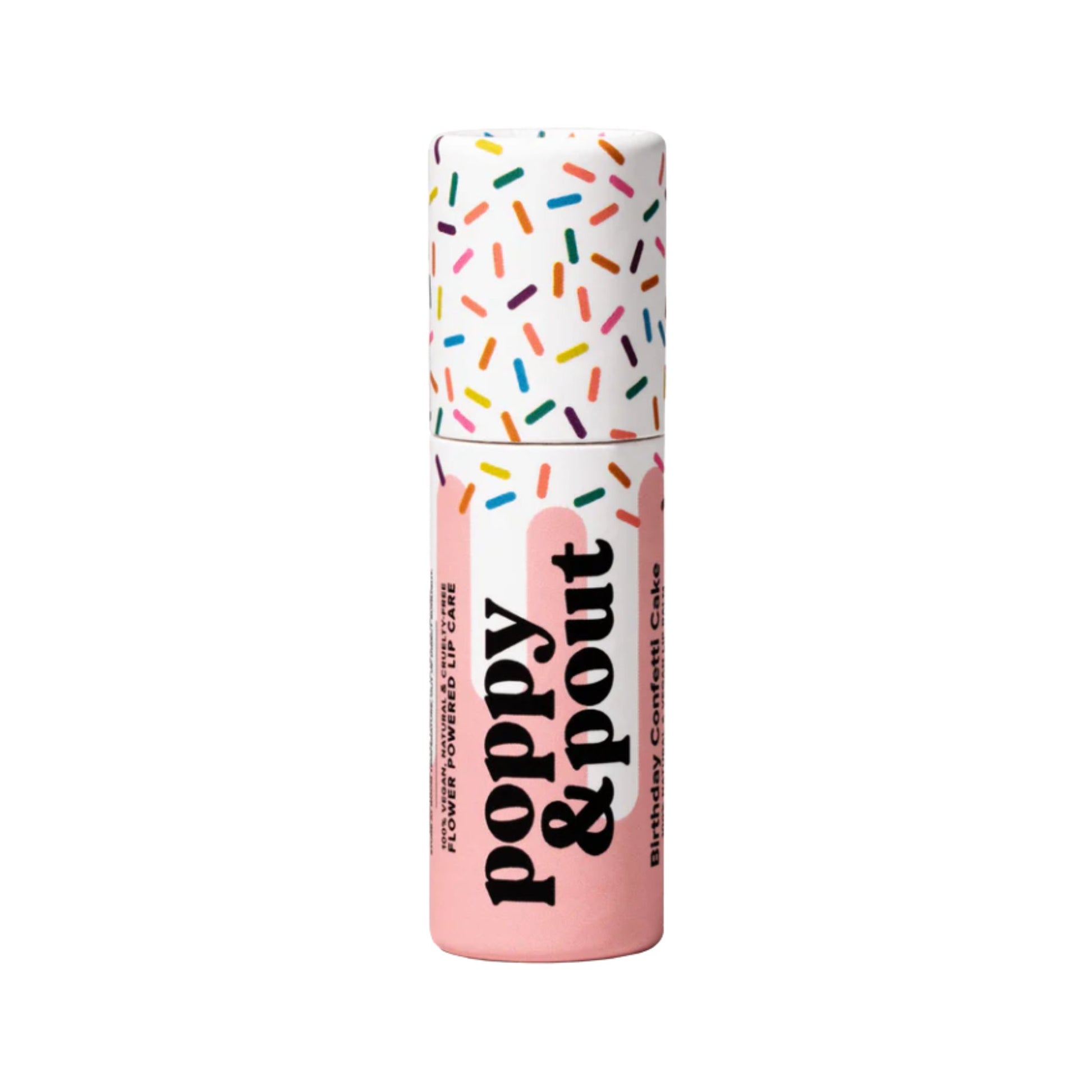 Lip balm with colorful sprinkles on a white background