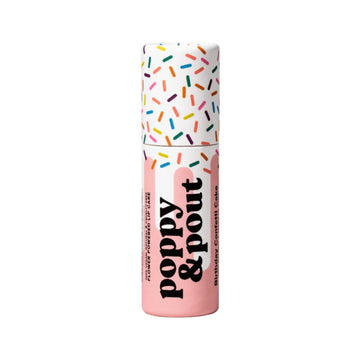 Lip balm with colorful sprinkles on a white background