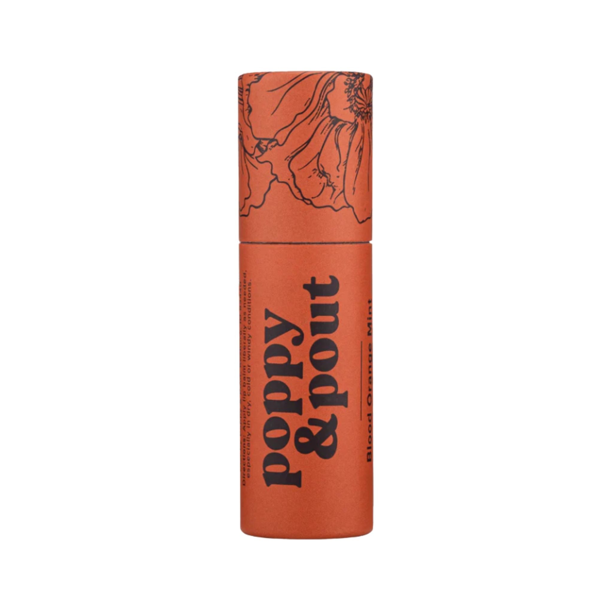 Lip balm container with 'Poppy & Pout' branding on a white background
