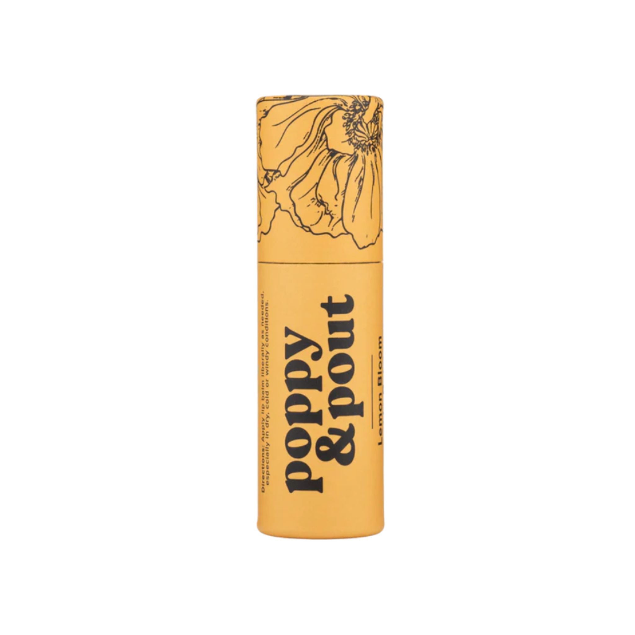 Yellow lipstick tube with floral design and 'Poppy & Pout' text on a white background