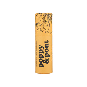 Yellow lipstick tube with floral design and 'Poppy & Pout' text on a white background