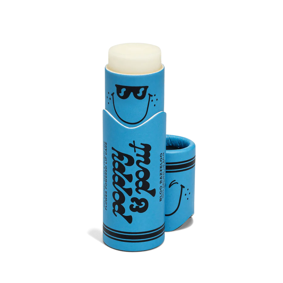 Blue lip balm with a smiley face design on a white background