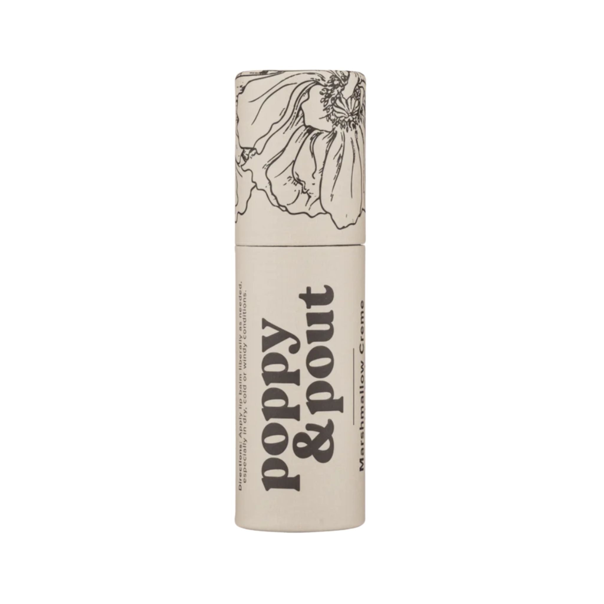 Lip balm with floral design and 'Poppy & Pout' branding on a white background