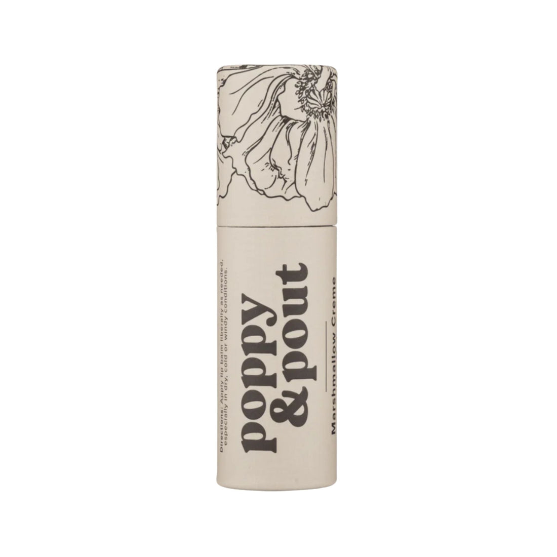 Lip balm with floral design and 'Poppy & Pout' branding on a white background