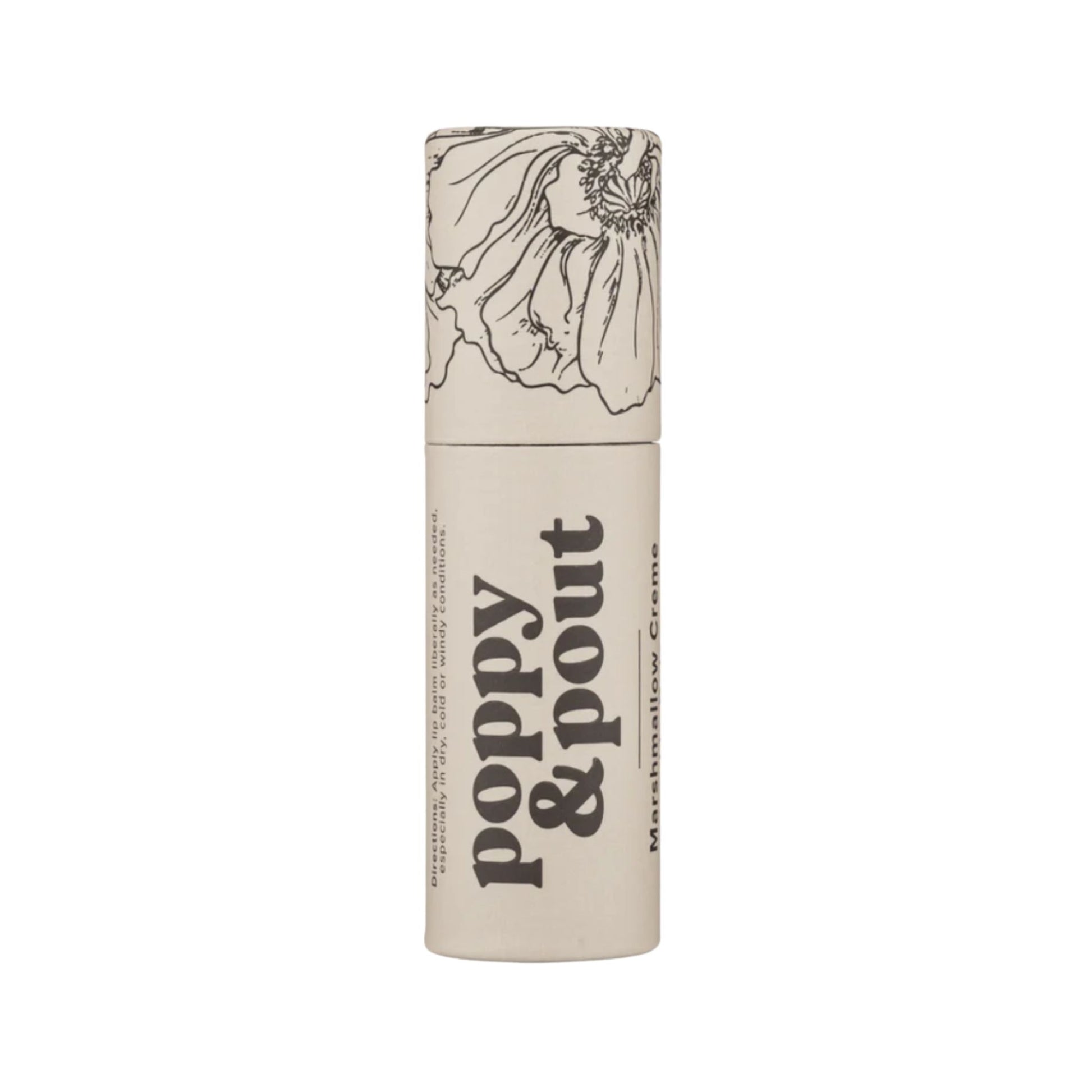 Lip balm with floral design and 'Poppy & Pout' branding on a white background