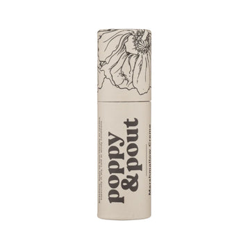 Lip balm with floral design and 'Poppy & Pout' branding on a white background