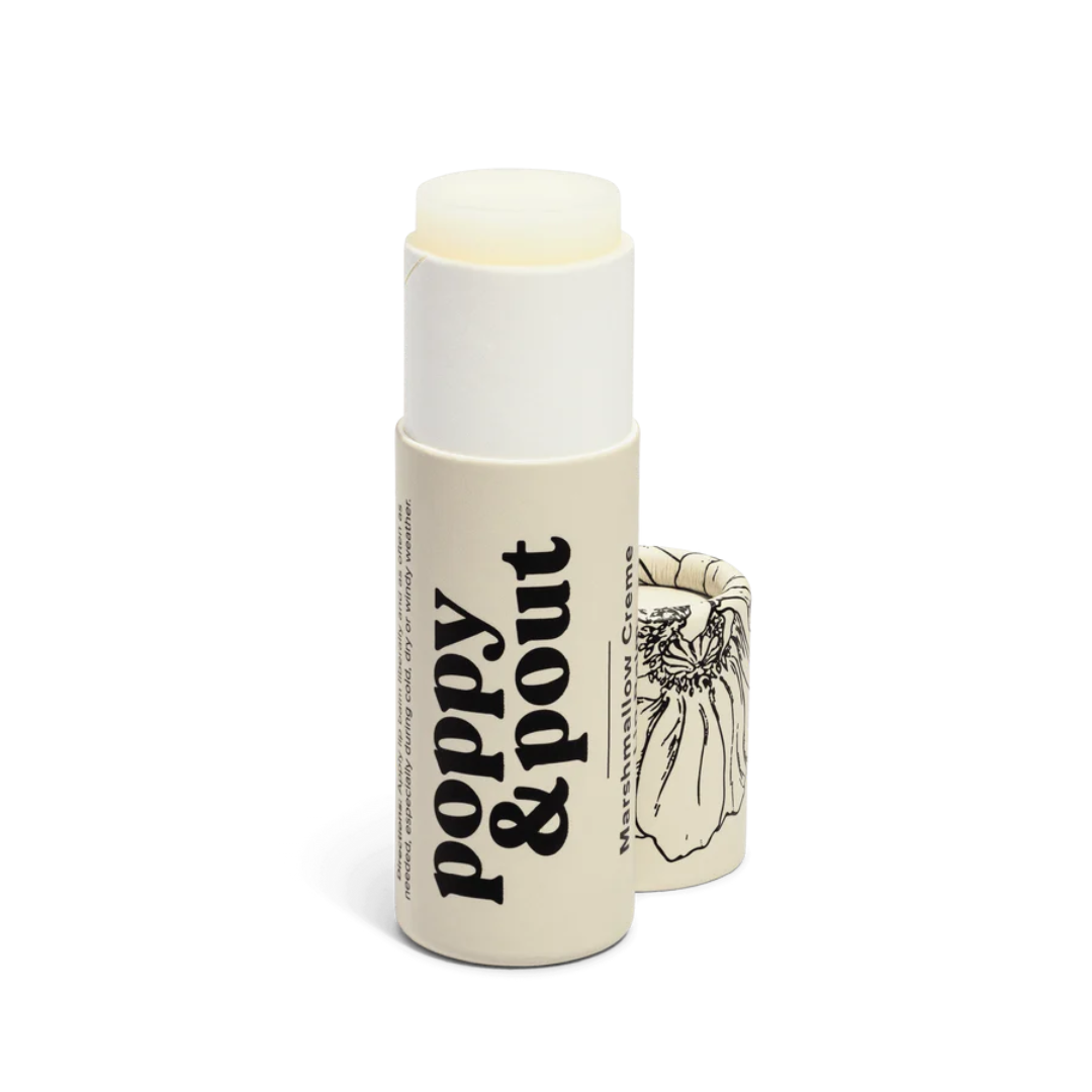 Lip balm with 'Poppy & Pout' branding on a white background
