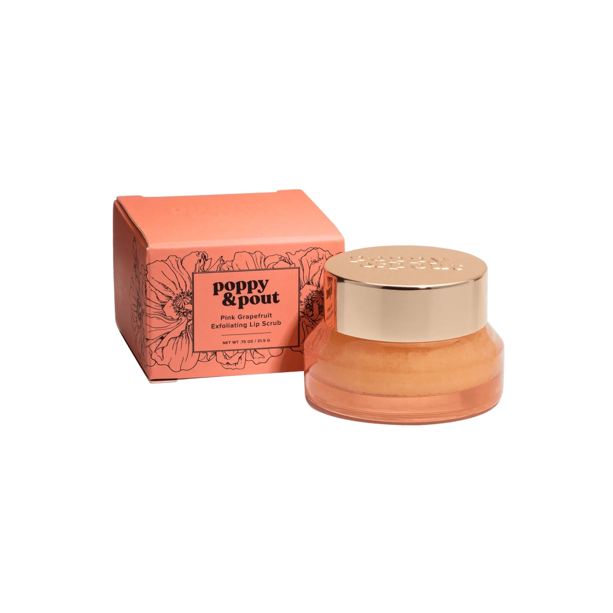 Lip balm with packaging labeled 'poppy & pout' on a white background