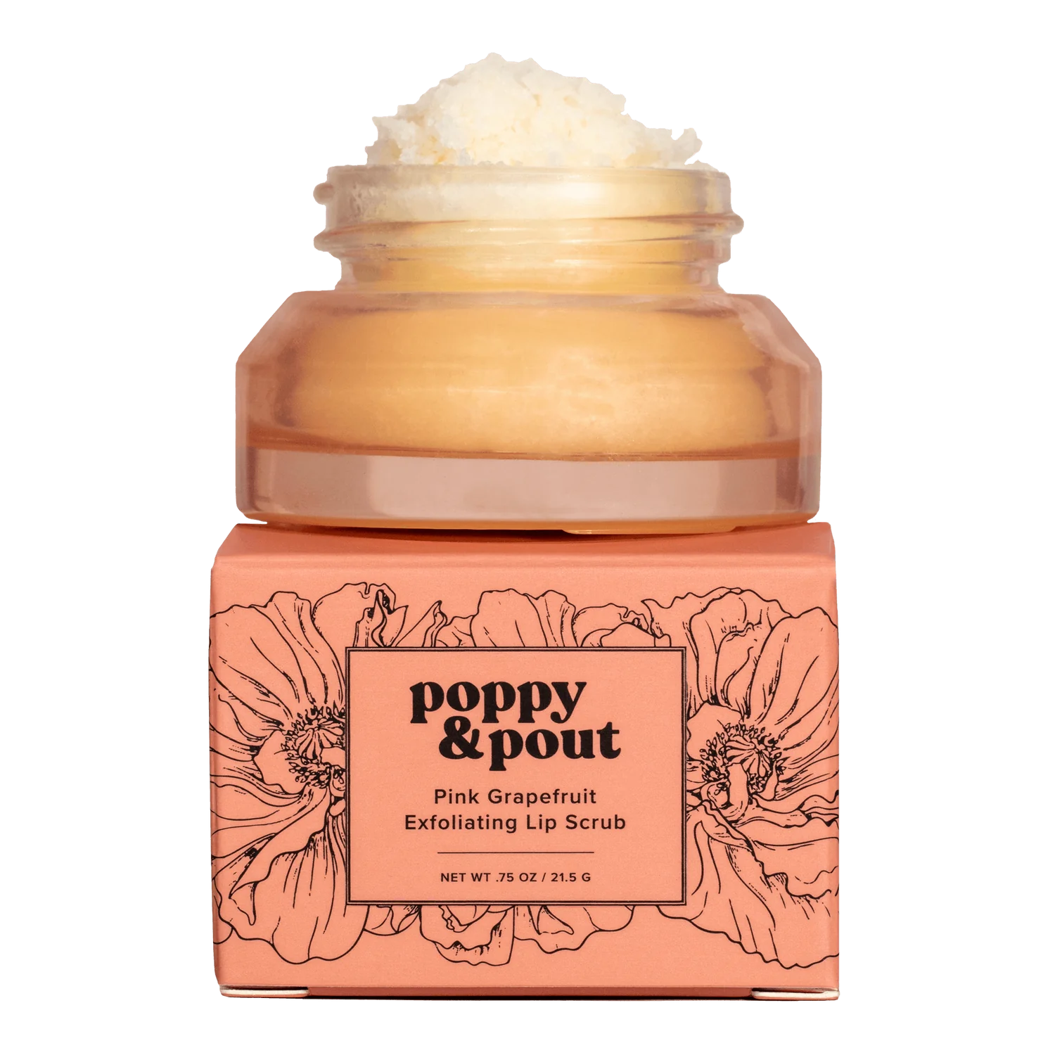 Pink grapefruit exfoliating lip scrub jar with floral design and 'Poppy & Pout' branding on a white background.