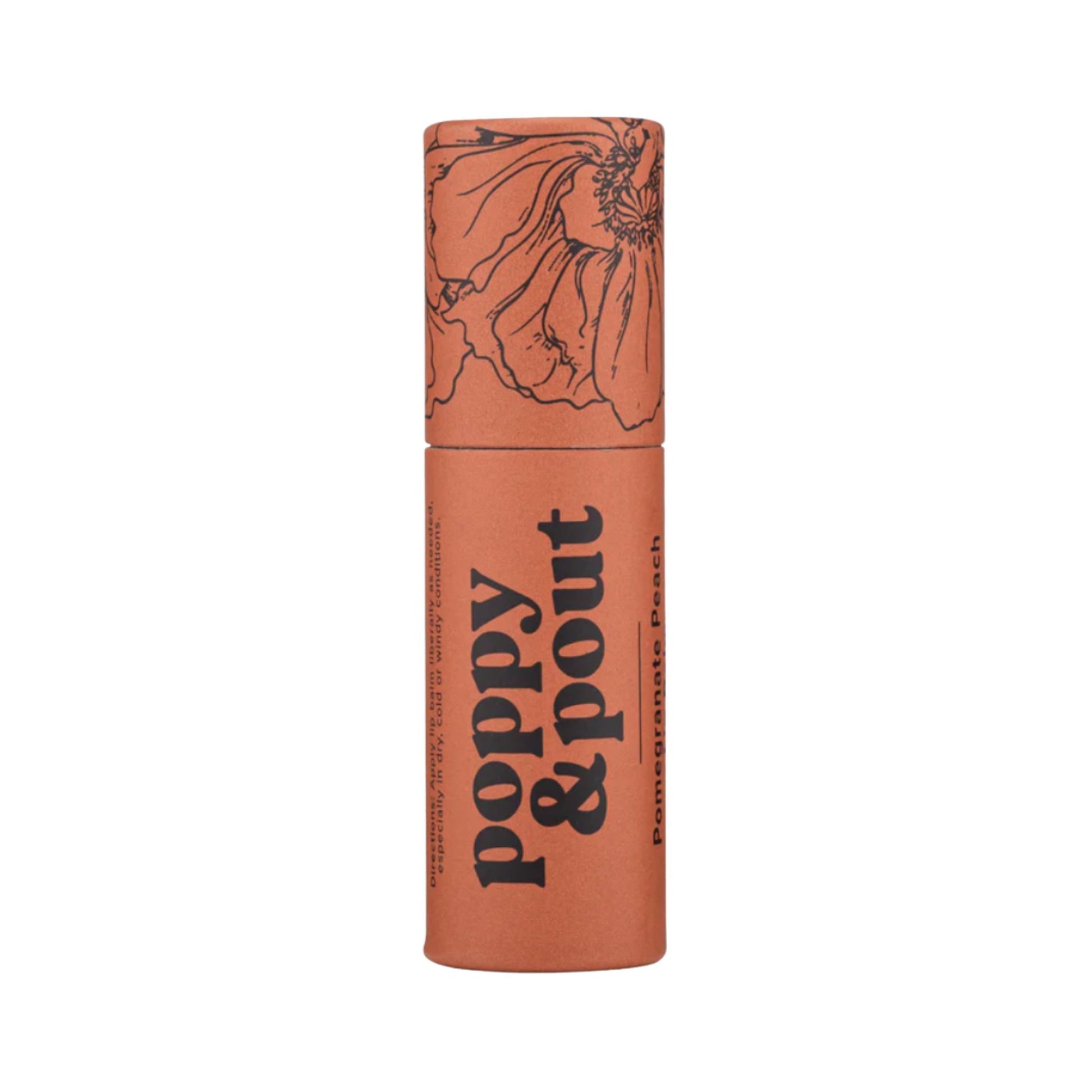 Lip balm tube with floral design and 'Poppy & Pout' branding on a white background