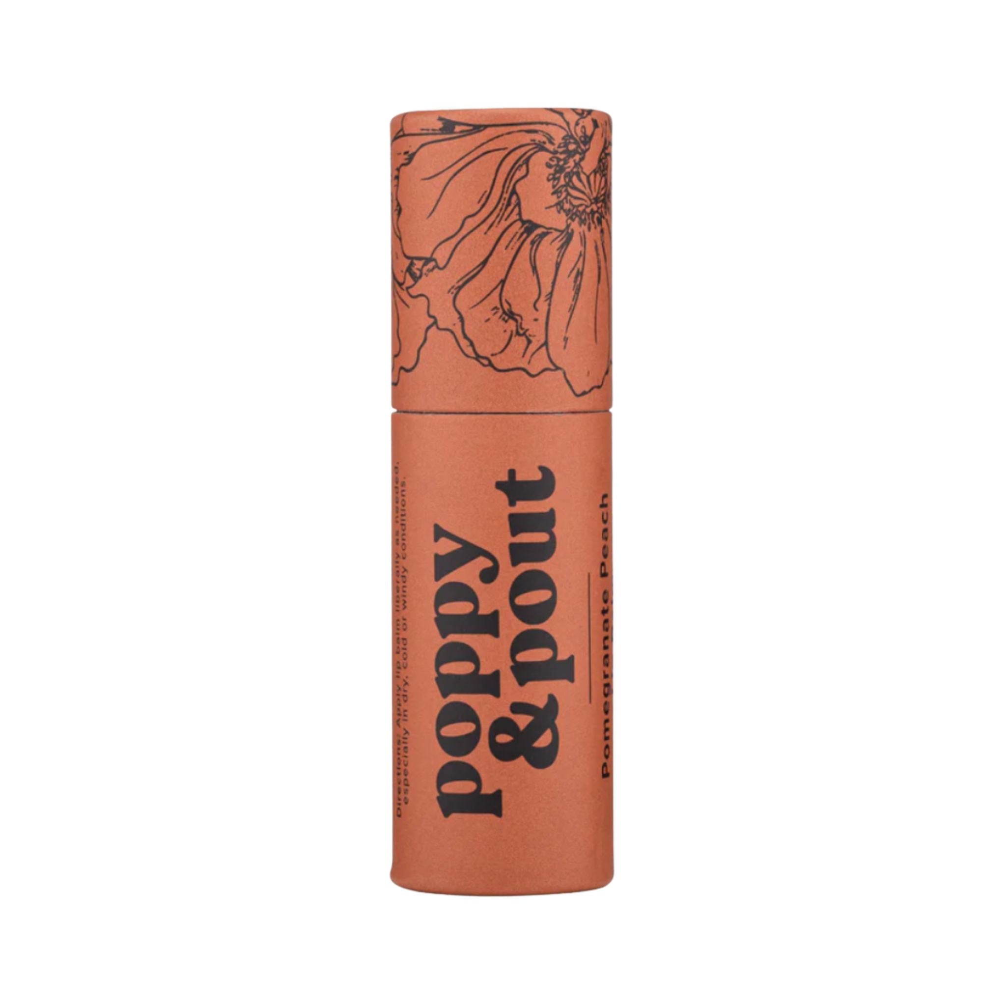 Lip balm tube with floral design and 'Poppy & Pout' branding on a white background