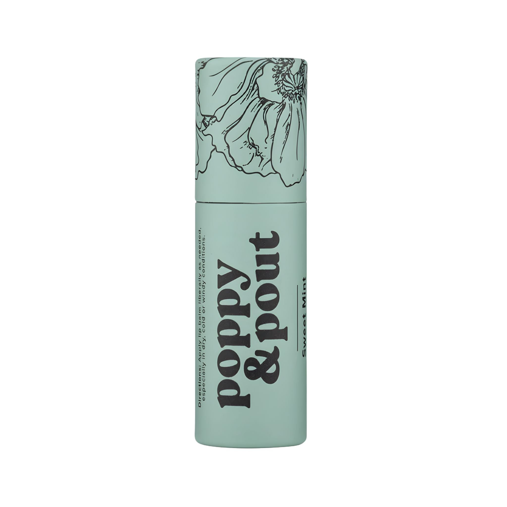 Mint green lip balm with floral design and 'Poppy & Pout' branding on a white background