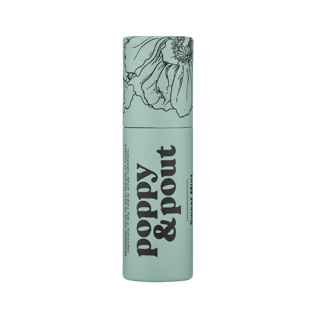 Mint green lip balm with floral design and 'Poppy & Pout' branding on a white background