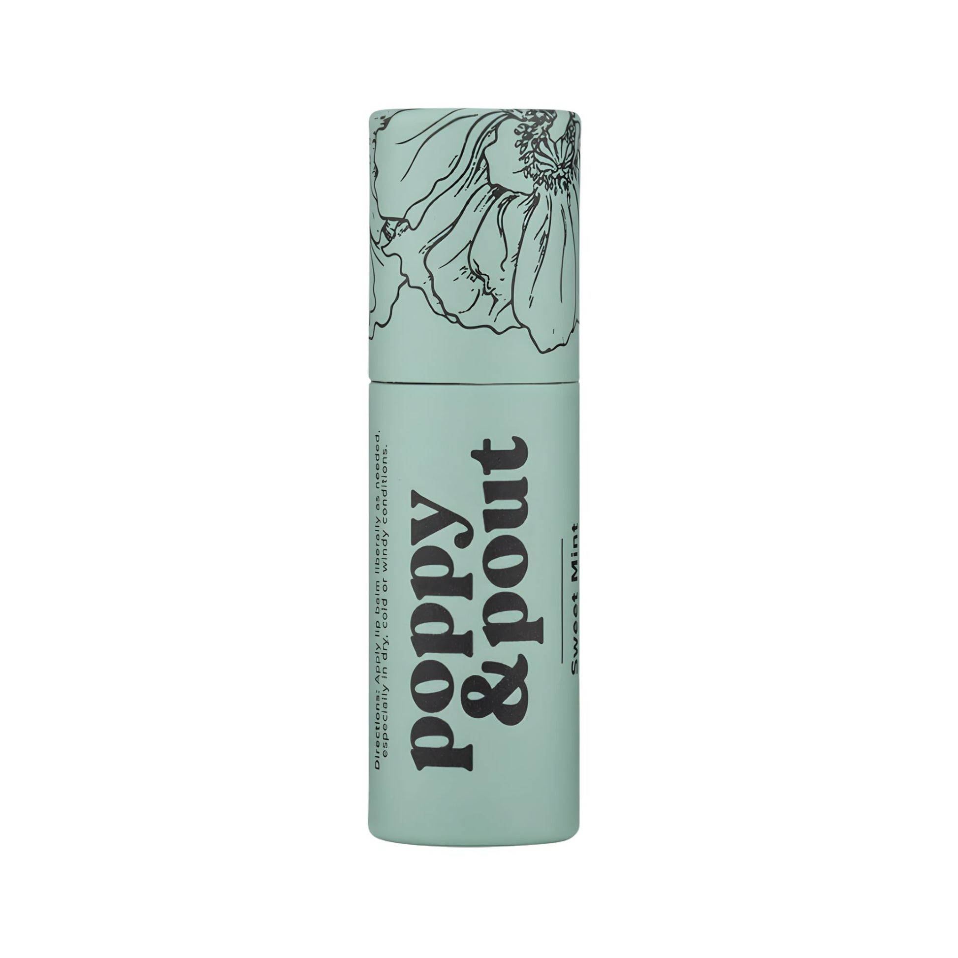 Mint green lip balm with floral design and 'Poppy & Pout' branding on a white background