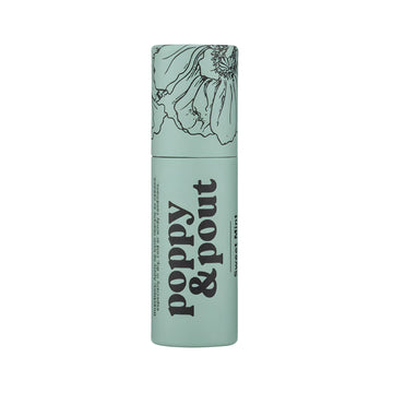 Mint green lip balm with floral design and 'Poppy & Pout' branding on a white background