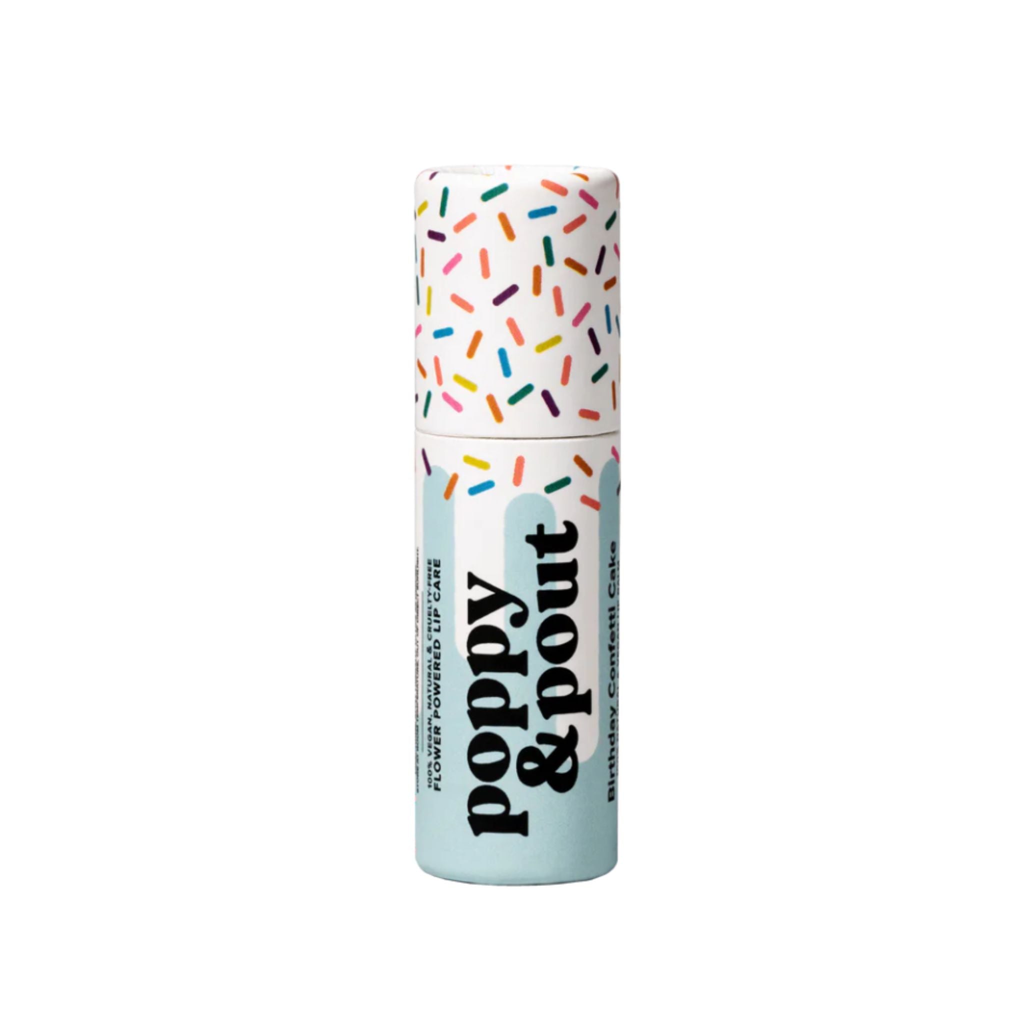 Lip balm with colorful sprinkles on a white background