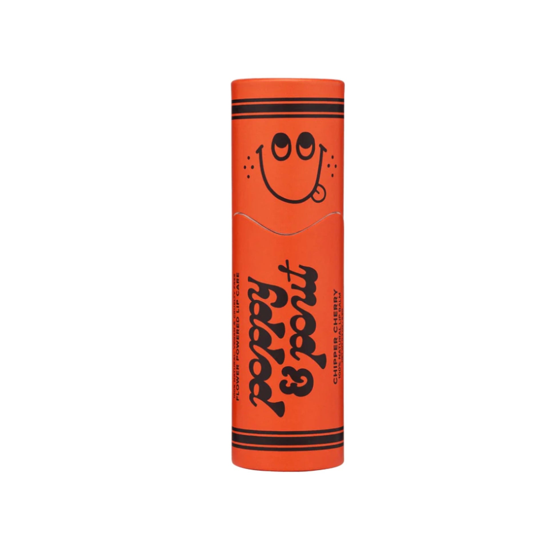 Orange cylindrical container with a smiley face and text on a white background