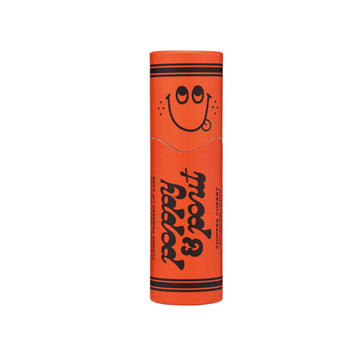 Orange cylindrical container with a smiley face and text on a white background