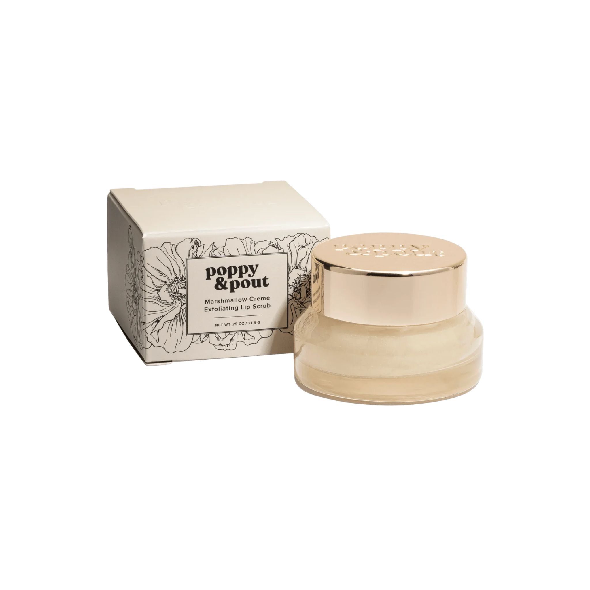 Cosmetic cream jar with lid and packaging featuring 'poppy & pout' branding on a white background.