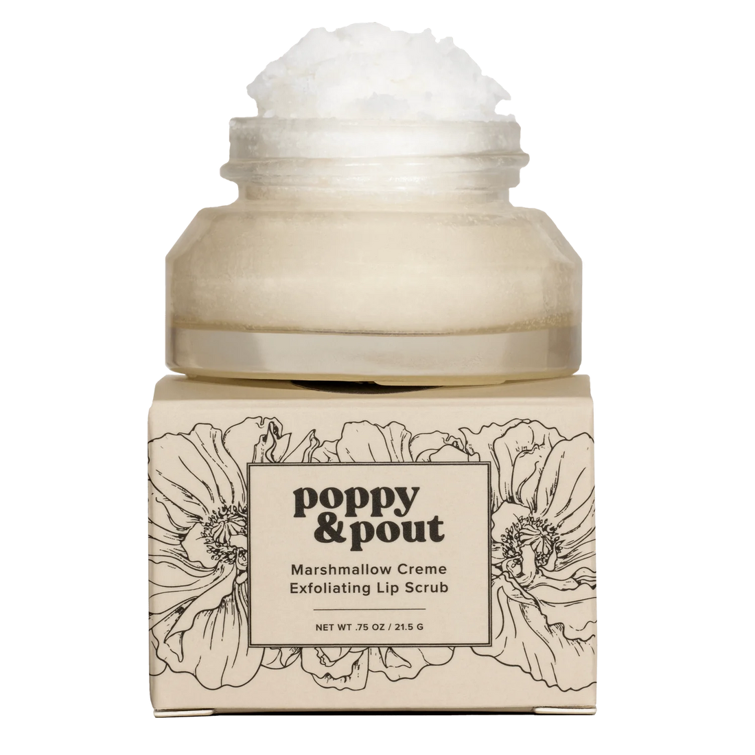 Cosmetic cream jar with lid and packaging featuring 'poppy & pout' branding on a white background.