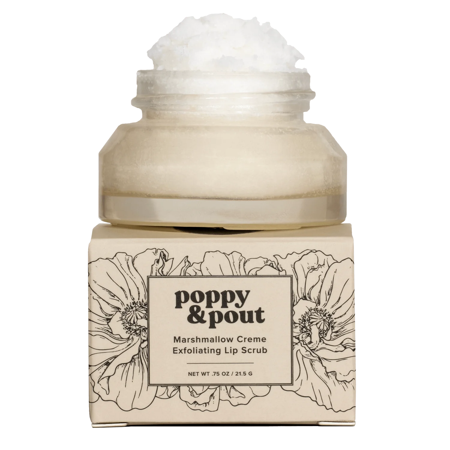 Jar of Poppy & Pout Marshmallow Creme Exfoliating Lip Scrub on a white background