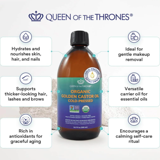 Bottle of Queen of the Thrones Organic Golden Castor Oil with features listed on a white background