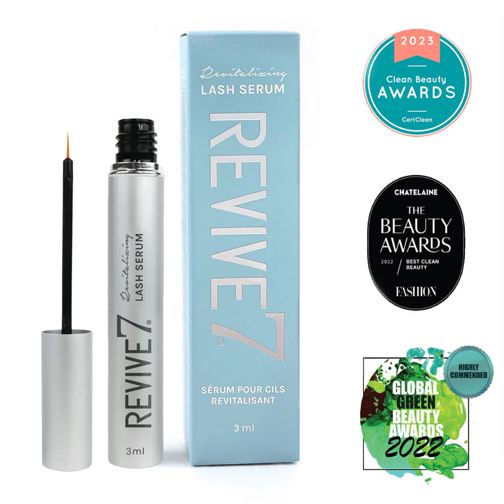 The Pharmacy Lab Revive7 Revitalizing Lash Serum with applicator, packaging, and clean beauty award badges.