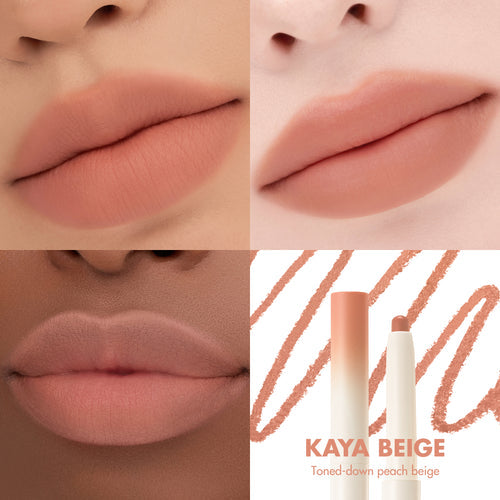 Close-up of lips with a Kaya Beige lipstick and lip liner on a white background.
