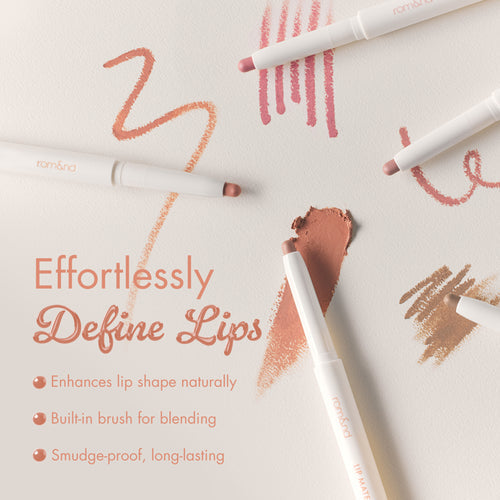 Lip liner with brush on a light background, showing usage examples and product features.