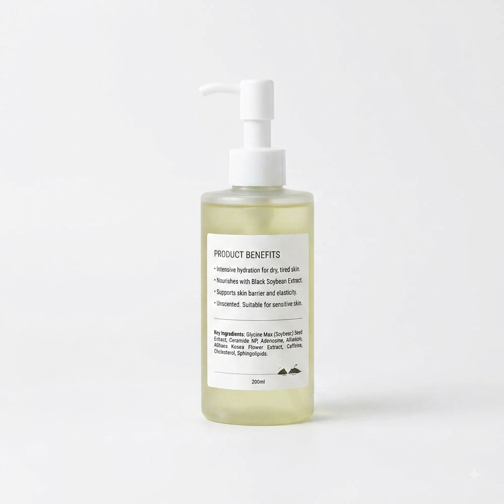 A 200ml pump bottle of skincare serum with a white dispenser and a white label, containing a pale yellow liquid, set against a seamless white background.
