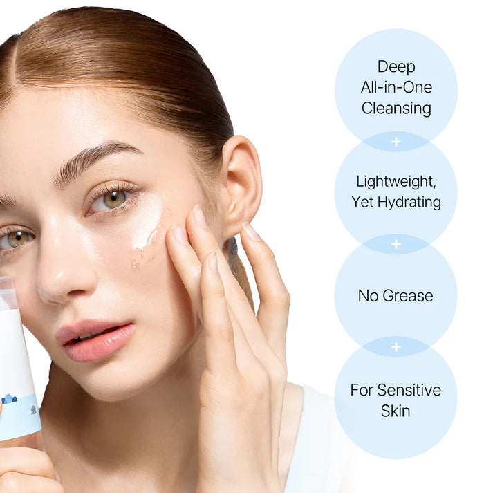 Woman applying cream to her face with product details on a light background