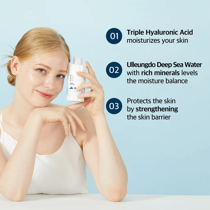 Woman holding a skincare product with text about its benefits on a light blue background