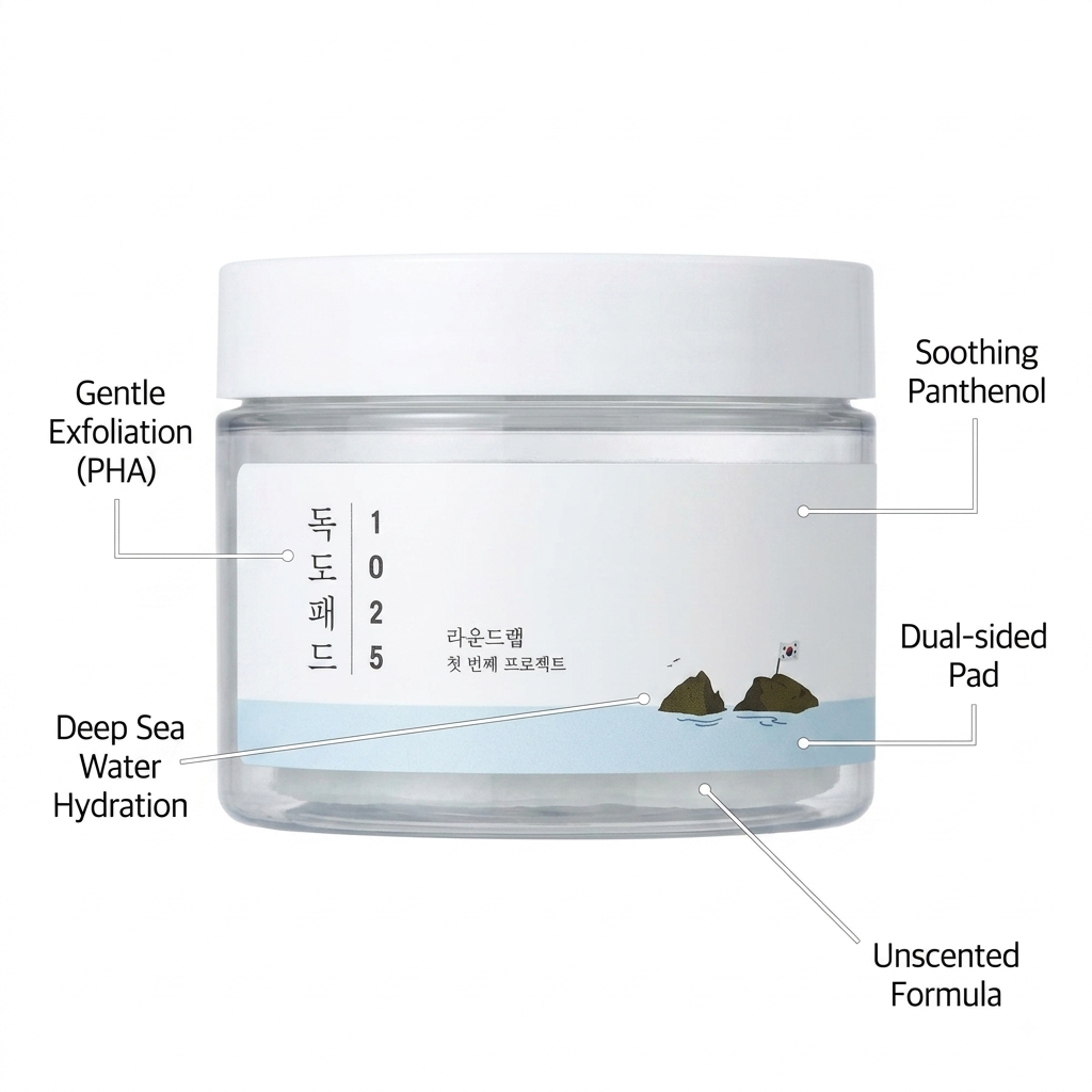 A clear cosmetic jar with a white lid and white label, shown on a light gray background with multiple callout text overlays describing its features and ingredients in English.