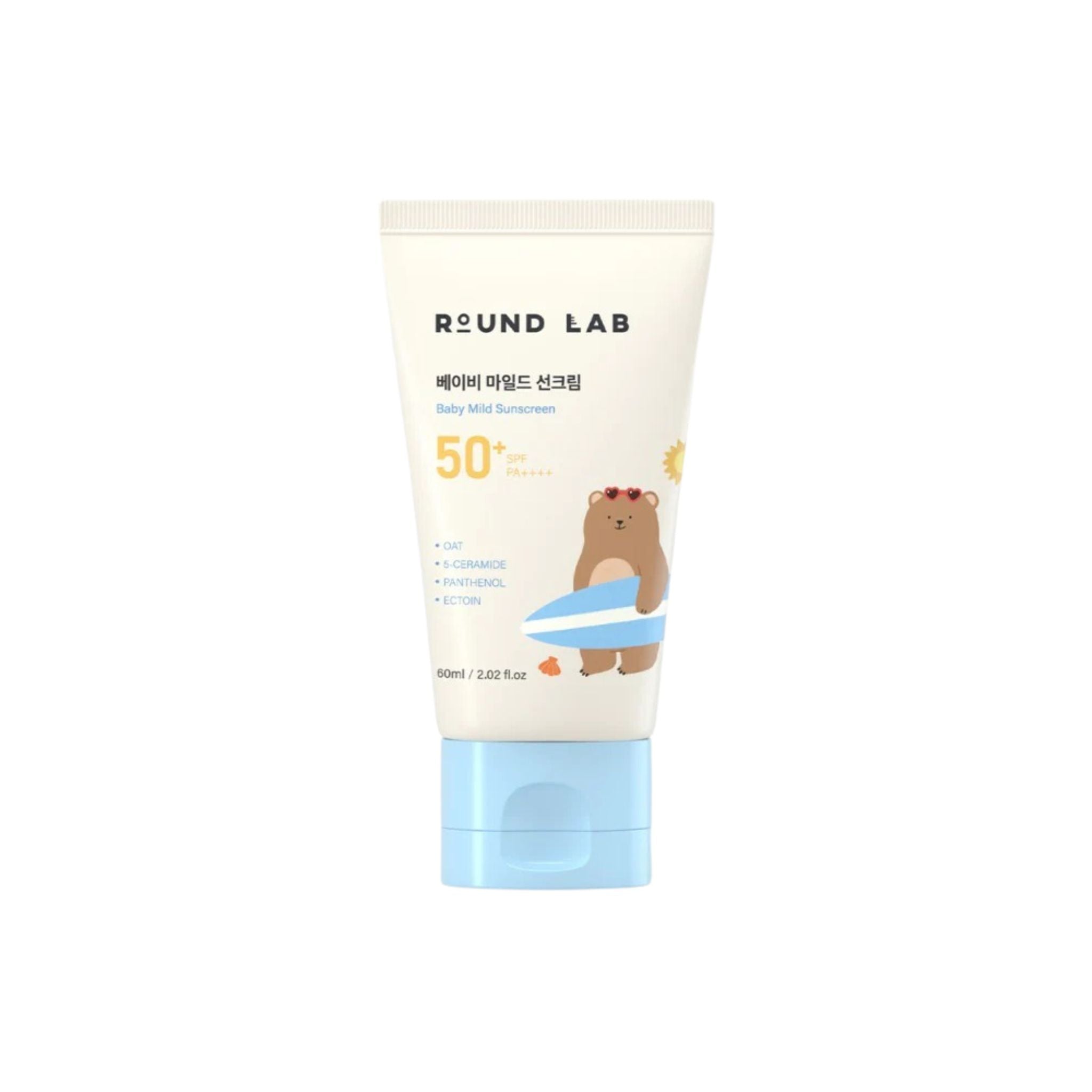 Round Lab baby mild sunscreen tube with bear illustration on a white background
