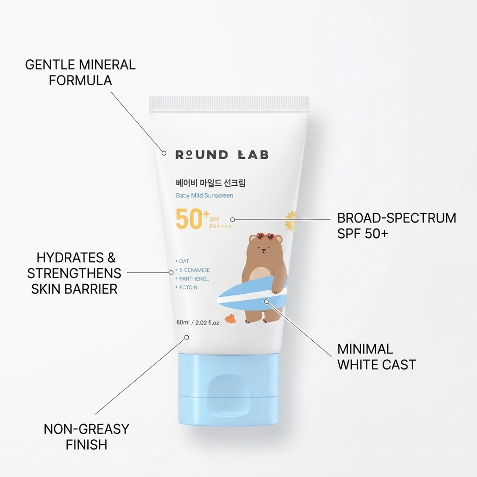 Round Lab baby mild sunscreen packaging with features highlighted on a white background