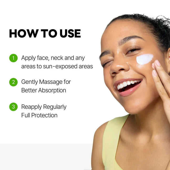 Woman applying sunscreen with text on how to use it