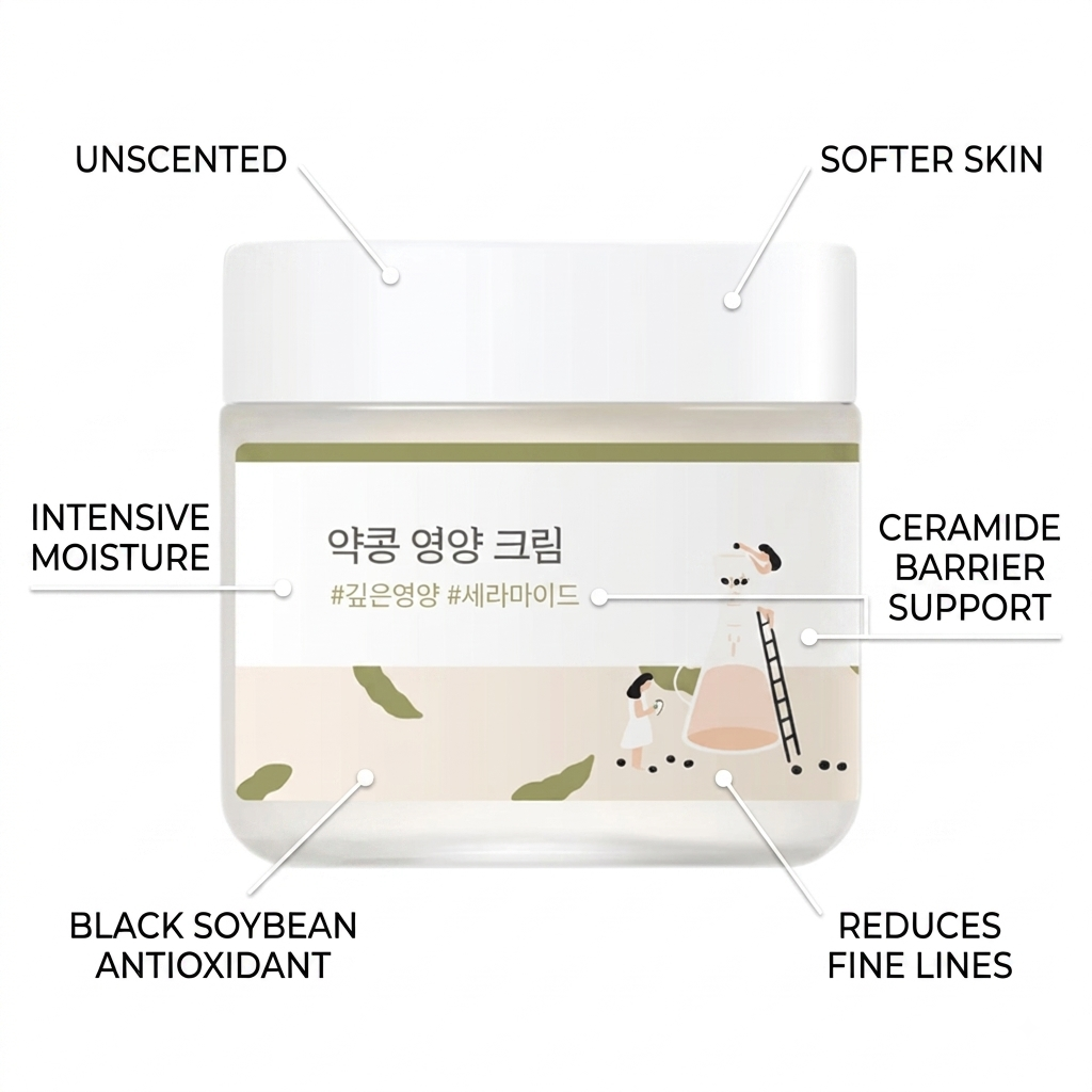 A cosmetic cream jar centered on a white background with callout lines and text describing benefits: unscented, softer skin, intensive moisture, ceramide barrier support, reduces fine lines, and black soybean antioxidant.
