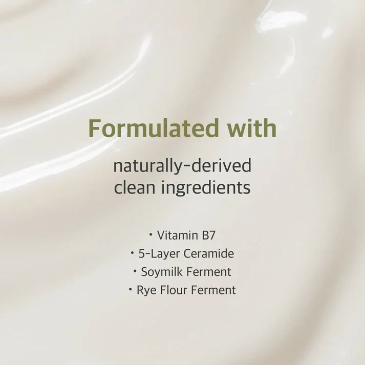 Product with text 'Formulated with naturally-derived clean ingredients' and a list of ingredients on a beige background.