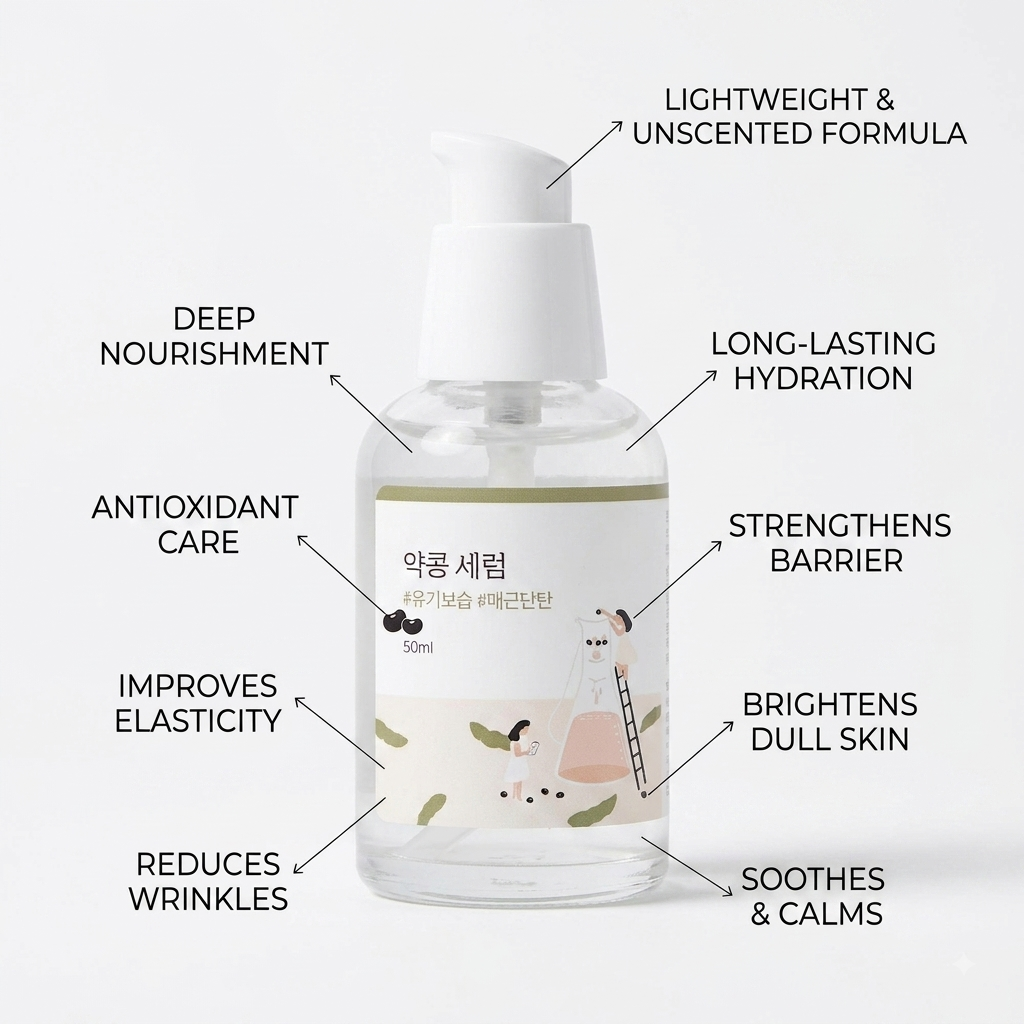 A clear pump bottle of skincare serum with a white label and text callouts listing benefits such as deep nourishment, long-lasting hydration, and antioxidant care on a light gray background.