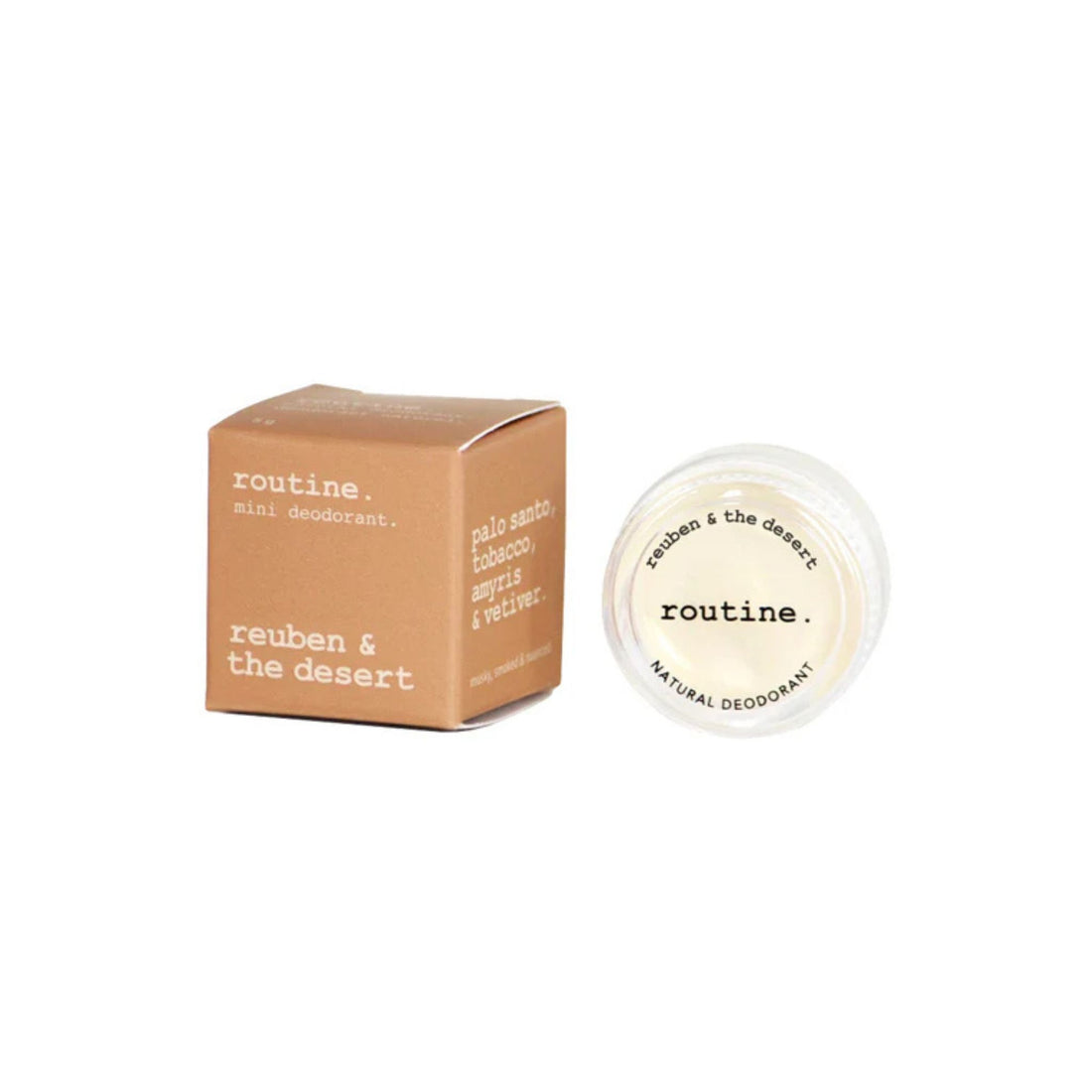 Jar of natural deodorant with packaging labeled 'routine' on a white background