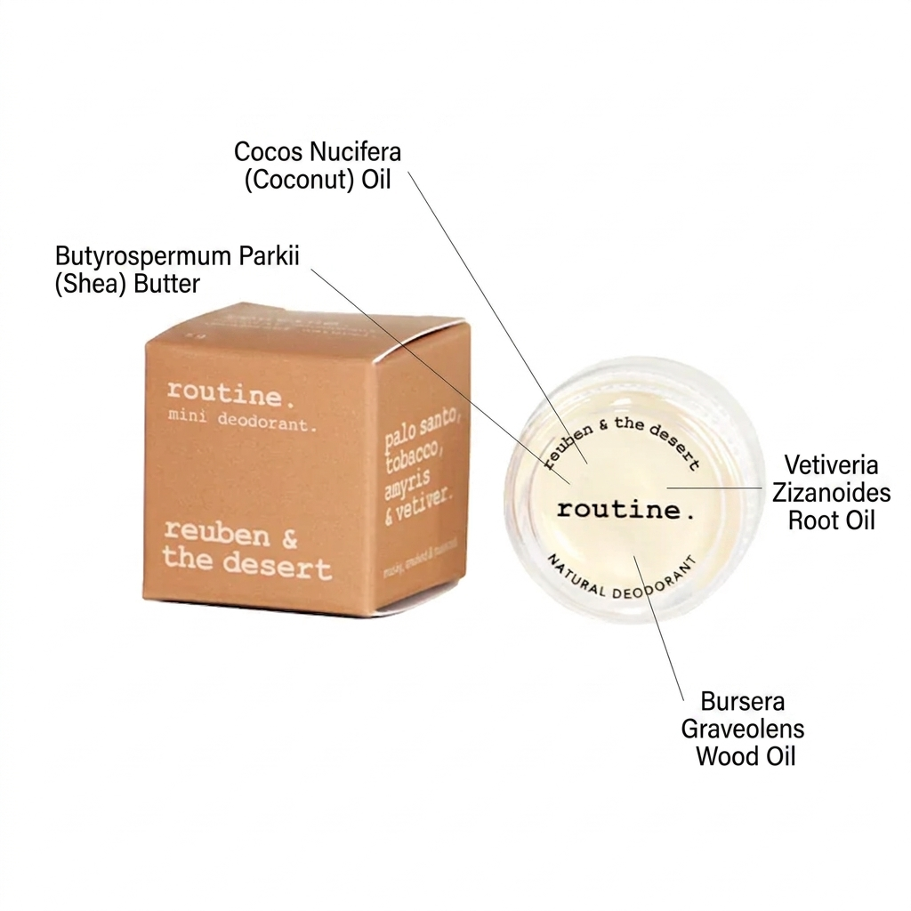 Routine natural deodorant with packaging and ingredient labels on a white background