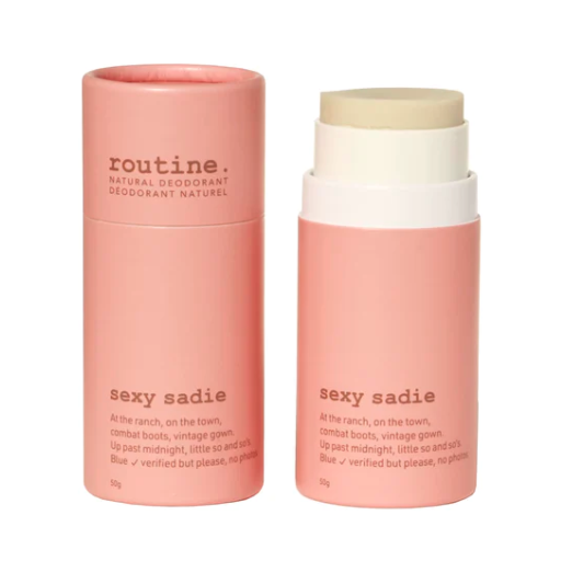 Pink 'routine.' deodorant stick and packaging on a white background