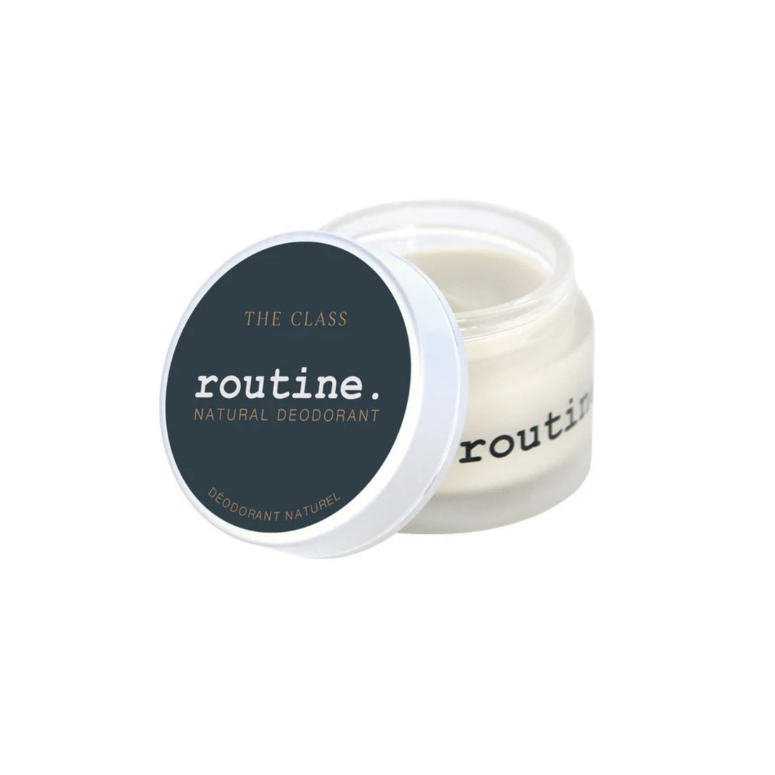 Jar of 'routine.' natural deodorant on a white background