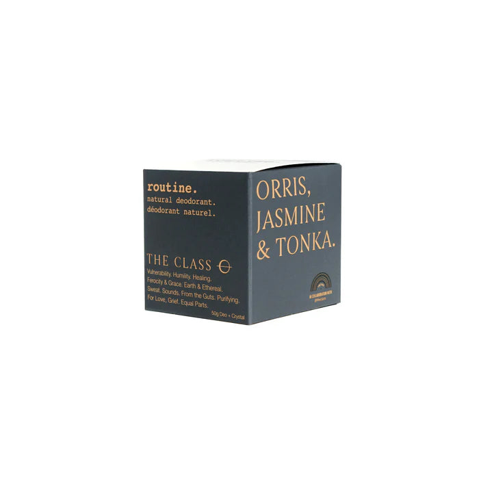 Deodorant packaging with 'Orris, Jasmine & Tonka' on a white background